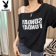 花花公子（PLAYBOY）加大碼胖mm300斤斜肩吊帶短袖T恤女夏季寬松遮肉顯瘦印花露肩上衣 黑色-旗艦款 XL _建議110-145斤
