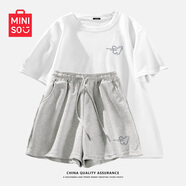 名創(chuàng)優(yōu)品（MINISO）運動套裝女夏季2025年新款純棉短袖小個子休閑夏裝搭配一整套女裝 白色+麻灰(m線條蝴蝶) L 165(顯瘦遮肚子)
