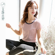 艾路絲婷條紋短袖T恤女裝夏裝新款韓版顯瘦上衣圓領(lǐng)體恤31008 紅白條紋 XL