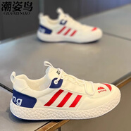潮姿鳥(niǎo)品牌輕奢男鞋2025夏季新款休閑鞋男透氣百搭網(wǎng)面鞋低幫軟底鞋子男 白紅 【冰絲透氣】 42