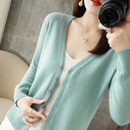 啄木鳥(niǎo)藏藍色羊毛開(kāi)衫精紡秋季薄款女法式夏v領(lǐng)寬松針織衫長(cháng)袖外套上衣 【薄荷綠】開(kāi)衫 S _90-100