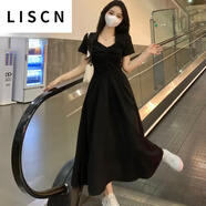 LISCN連衣裙2025夏季新款赫本風黑色女夏季感氣質(zhì)子遮肚子顯瘦a字 黑色長款 XL (建議120~140斤)