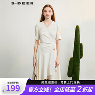 S.DEER圣迪奧女裝OL風V領(lǐng)收腰拼接不規(guī)則連衣裙S223Z121B 米白/48 S 160