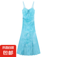 度假風印花吊帶裙連衣裙女夏季法式包臀裙收腰魚尾裙長裙 綠色 L