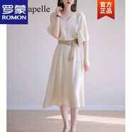 羅蒙連衣裙女2023年夏季新款名媛高端輕奢優(yōu)雅知性氣質(zhì)顯瘦中長款裙子 米杏色 L