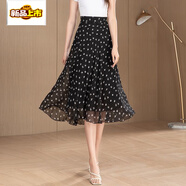 初徑2025新款顯瘦雙層夏季清爽雪紡黑色印花半身裙大擺裙度假小碎 黑底小白玫 S 合適體重88-95裙長(cháng)75