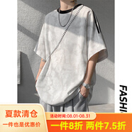 QGF 重磅300g短袖t恤男夏季新款美式復古扎染拼接五分半袖插肩體恤衫 T292白色 3XL 【建議165-180斤】