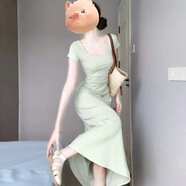 緋垚方領(lǐng)連衣裙子女裝夏季2025新款御姐風(fēng)情萬種法式氣質(zhì)修身包臀長裙 綠色 M