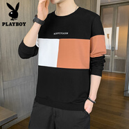 花花公子（PLAYBOY）長(cháng)袖T恤男士撞色拼接2025秋季潮流圓領(lǐng)衛衣休閑上衣套頭加絨體恤 WE006黑色 M