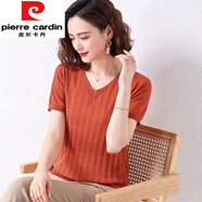 皮爾卡丹（pierre cardin）夏季鏤空冰絲針織衫薄款寬松時(shí)尚洋氣短袖T恤v領(lǐng)百搭套頭上衣 桔紅色今年流行的輕奢品牌 S 建議70-85斤