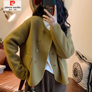 皮爾卡丹（pierre cardin）氣質(zhì)雙面毛絨針織開(kāi)衫女冬雙排扣加厚毛衣短外套 牛油果綠 均碼 【適合85-160斤可穿】