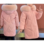 巴布豆卡樂2023巴拉兒童服女童新款洋氣中長款大童冬寶寶加厚白鴨絨外套 粉紅色 130 45-55斤左右