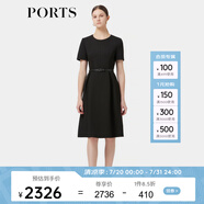 PORTS寶姿春季新品女裝優(yōu)雅純色通勤腰帶裝飾束腰短袖連衣裙 黑色-1 L (8)