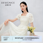 迪賽尼斯（DESIGNICE）夏季新款時(shí)尚法式優(yōu)雅純色壓褶泡泡袖收腰長(zhǎng)款連衣裙 奶白 L