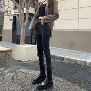 薩拉維夫 SLLAVIF2025年新款冬季高腰加絨深藍色牛仔褲女修身顯瘦緊身小腳毛邊靴褲 灰黑色(九分)春秋 27