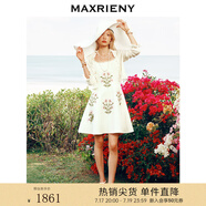 MAXRIENY【商場同款】華麗立體釘珠貼花連衣裙甜美領口釘鉆設計 米白 S 01/34