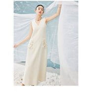 Mandy Zhang高定系列重磅醋酸白色背心連衣裙手作花飾釘珠無(wú)袖長(zhǎng)裙 珍珠白 S