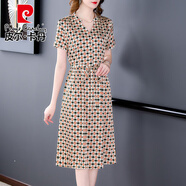 皮爾卡丹（pierre cardin）碎花真絲連衣裙女夏季新款洋氣桑蠶絲a字裙子 格子花 M