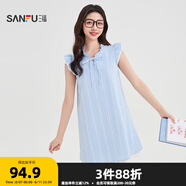 三福連衣裙2025夏季綁帶荷葉邊小飛袖A型娃娃裙女裝500805 藍(lán)白格子 S