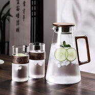 青蘋果新中式耐熱冷水壺1900ml 高硼硅玻璃胡桃木蓋把手涼水壺泡茶壺