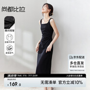 尚都比拉法式連衣裙女夏天赫本風(fēng)氣質(zhì)A字裙抽褶收腰顯瘦背帶裙 黑色 M