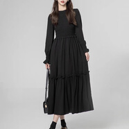 【阿瑪詩(shī)專(zhuān)柜女裝】2026新款氣質(zhì)收腰荷葉邊壓褶打攬長(cháng)袖連衣裙 黑色 哥弟 XL /5碼