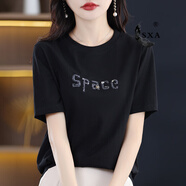 SXA香港潮牌純棉短袖T恤女正肩2025新款刺繡圓領(lǐng)上衣女夏打底 空間繡珠-黑色 S 【95斤以下】