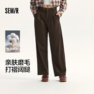 森馬（Semir）休閑褲女純棉打褶闊腿褲腰帶秋復(fù)古磨毛長褲顯腿長101524127005A
