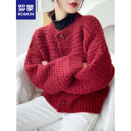 羅蒙（ROMON）紅色毛衣外套針織開衫女2025年秋冬新款寬松麻花復(fù)古溫柔小個子 紅色 XL -115-125斤