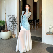 桂岐吊帶連衣裙女夏季2025年新款法式收腰顯瘦拼接純欲罩衫長(cháng)裙套裝 藍色 M （建議85-105斤）