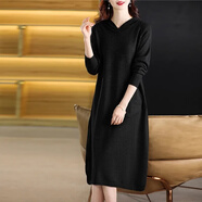 ROAR UTHAUG大碼胖mm連衣裙女秋冬中長(cháng)款打底毛衣裙寬松顯瘦針織衫連帽衛衣裙 黑色 5XL