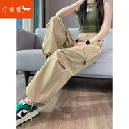 紅蜻蜓速干冰絲美式工裝褲女夏季薄款2025新款闊腿運(yùn)動褲沖鋒長褲休閑褲 卡其色加長 薄款 S 建議85-94斤