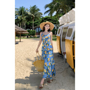 林中尋馬爾代夫海邊度假沙灘裙法式波西米亞檸檬印花藍色吊帶連衣裙女夏 檸檬印花 S