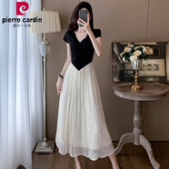 皮爾卡丹（pierrecardin）法式氣質(zhì)感v領(lǐng)雪紡連衣裙女夏季大碼收腰遮肚子歐貨假兩件裙 黑色拼接連衣裙(版)[收藏加 S [95斤內(nèi)]
