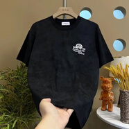 暢登美式夏季新款潮牌重工刺繡T恤男士休閑時(shí)尚扎染修身圓領(lǐng)短袖上衣 黑色 M