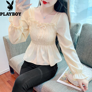花花公子（PLAYBOY）2025夏季新款日系甜美拼接紐扣蝴蝶結(jié)白紗雪紡衫修身顯瘦長(zhǎng)袖設(shè)計(jì) 杏色--2221 S 80-95斤