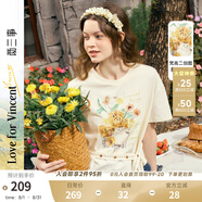 兩三事梵高文藝 葵焰喵憩 2025夏季新款不規(guī)則下擺系帶印花短袖t恤女 杏色 S