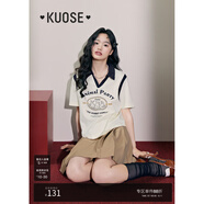 闊色（kuose）米白色polo領(lǐng)兔子假兩件學(xué)院風(fēng)T恤女春夏新款短袖 米杏色 M
