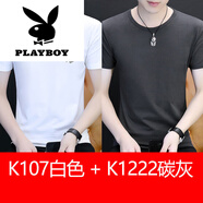 花花公子（PLAYBOY）夏季短袖T恤男女同款圓領(lǐng)白色ins潮牌2025女裝上衣服純棉潮流半袖 2024TM-K107白色+K1222炭灰色202 M 【建議90-100斤】