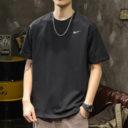 NBA SHOES-NIKE純棉短袖恤男夏季薄款寬松圓領(lǐng)純色體恤2025新款簡約上衣 黑色 M _【95-110斤】