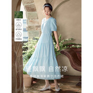 茵曼（INMAN）法式連衣裙女夏季顯瘦遮肚燈籠袖抽繩收腰公主長裙子 紺藍色 M 