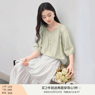 香影中袖襯衫女圓領(lǐng)2025夏裝新款慵懶泡泡袖氣質(zhì)淑女寬松藍色上衣 淺綠 M 160/84A/95-110斤
