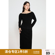 獨(dú)束大碼女裝一字領(lǐng)捏褶上衣開叉半身裙套裝2024秋新款直筒裙套裝 高級黑（半裙） M (尺碼：1) (尺碼：1)