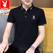 花花公子（PLAYBOY）夏季短袖t恤男純棉翻領(lǐng)商務(wù)休閑半袖上衣百搭男士POLO衫 T153黑色-花花公子官方品牌官網(wǎng) 4XL 【170-185斤】