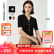 朗姿【尖貨補單】法式V領毛針織衫短袖春季新款內搭T恤打底衫上衣 黑色2 2XL