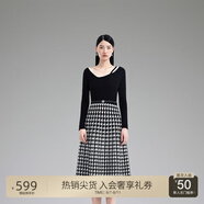 歐時(shí)力OCHIRLY 假兩件修身針織連衣裙千鳥格腰帶秋冬季簡(jiǎn)約百搭 黑色 S