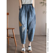 代勒原創(chuàng  )文藝復古貼布拼接牛仔褲女裝夏季薄款松緊腰九分哈倫褲子 藍色 L