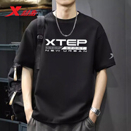 特步短袖男2025春夏季新款寬松休閑運動T恤男裝透氣針織衫上衣運動服 黑-9250 2XL