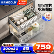 悍高（HIGOLD） 廚房櫥柜拉籃碗架抽屜式碗籃加厚304不銹鋼底板調(diào)味籃雙層碗碟籃 800柜2層-時(shí)尚304實(shí)心圓鋼升級(jí)款