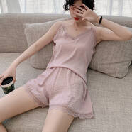 浪莎（LangSha）真絲睡衣女背心夏季薄款蕾絲新款吊帶短褲兩件套裝桑蠶絲家居服 仙女粉 M 適合75-99斤